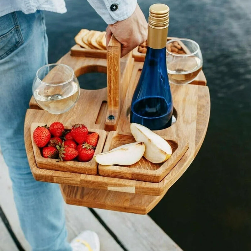 Klappbarer Picknicktisch aus Holz – Tragbarer Weintisch für Garten und Outdoor mit Gläserhalter, 4 Snackfächern und Flaschenhalter