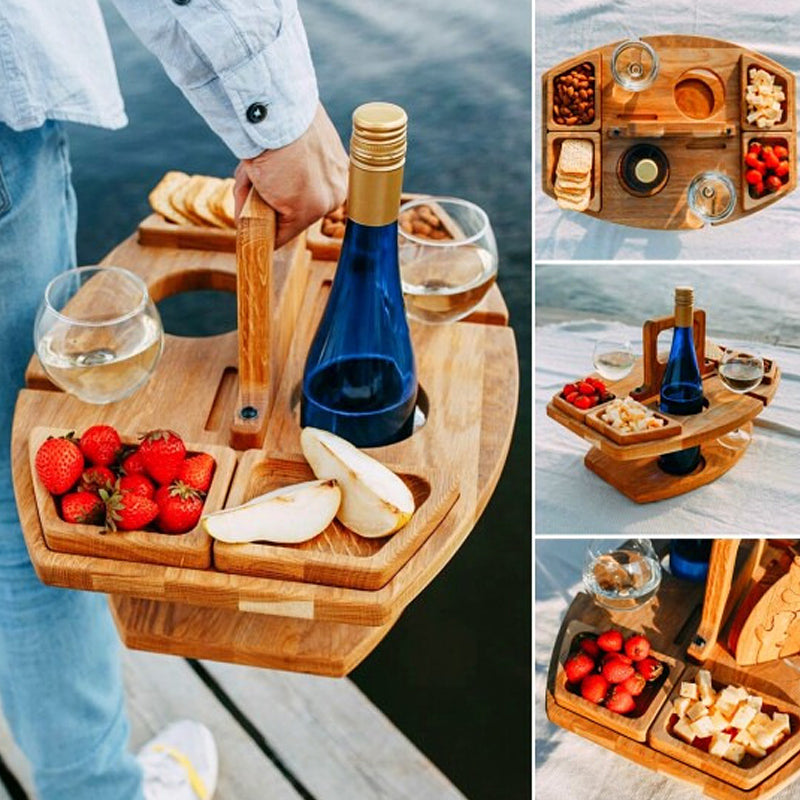 Klappbarer Picknicktisch aus Holz – Tragbarer Weintisch für Garten und Outdoor mit Gläserhalter, 4 Snackfächern und Flaschenhalter