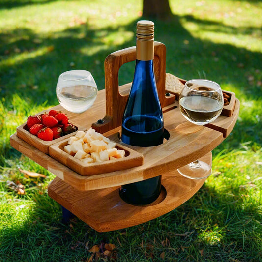 Klappbarer Picknicktisch aus Holz – Tragbarer Weintisch für Garten und Outdoor mit Gläserhalter, 4 Snackfächern und Flaschenhalter