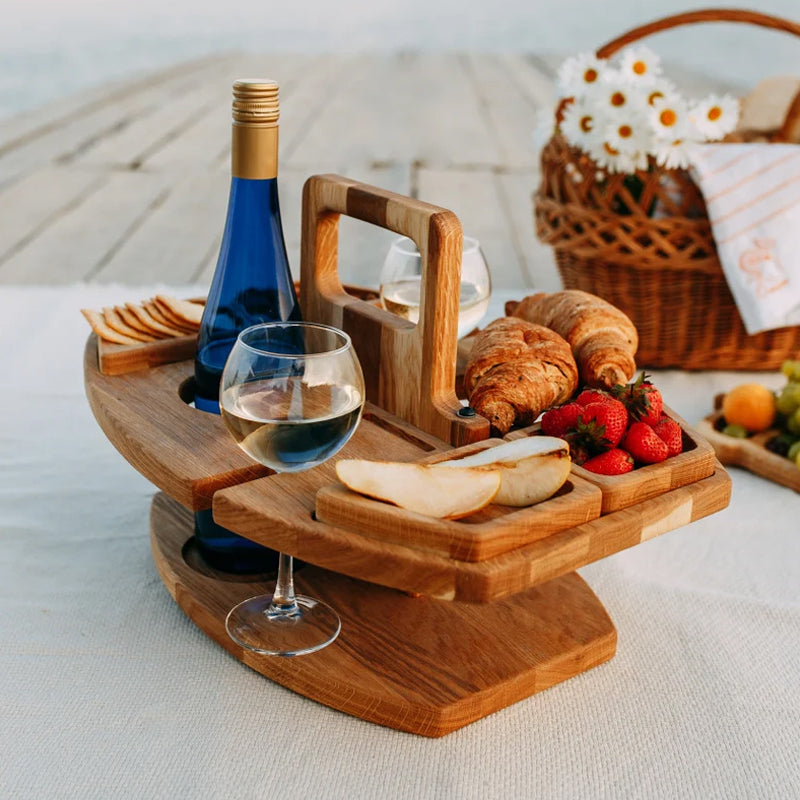 Klappbarer Picknicktisch aus Holz – Tragbarer Weintisch für Garten und Outdoor mit Gläserhalter, 4 Snackfächern und Flaschenhalter
