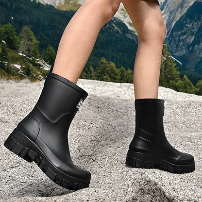 Wasserdichte Schwarze Chelsea Regenstiefel für Damen mit Blockabsatz & Profilsohle – Perfekt für Herbst & Nasses Wetter