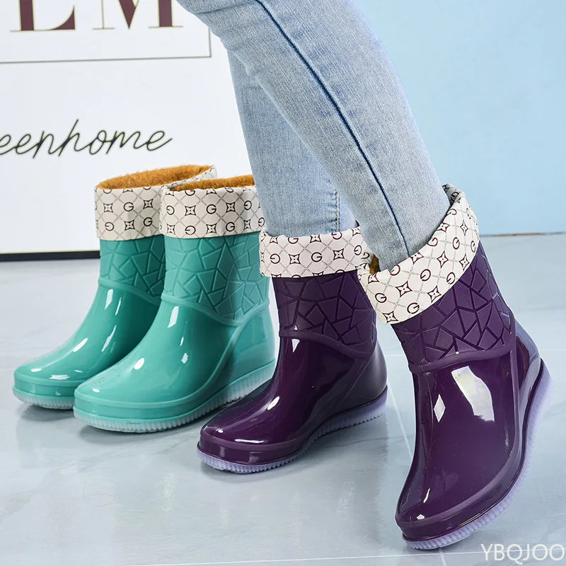 Elegante Damen-Gummistiefel in Mid-Calf-Länge – Wasserdichte Regenstiefel mit Muster und rutschfester Sohle, Stilvolles Schuhwerk für den Herbst