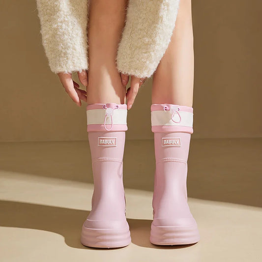 Modische Damen-Gummistiefel für den Herbst – beigefarbene wasserdichte Regenstiefel mit Kontraststreifen & flacher Sohle