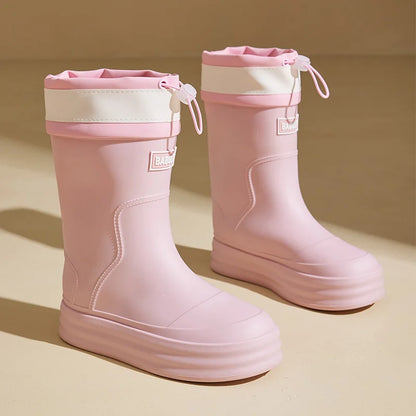 Modische Damen-Gummistiefel für den Herbst – beigefarbene wasserdichte Regenstiefel mit Kontraststreifen & flacher Sohle