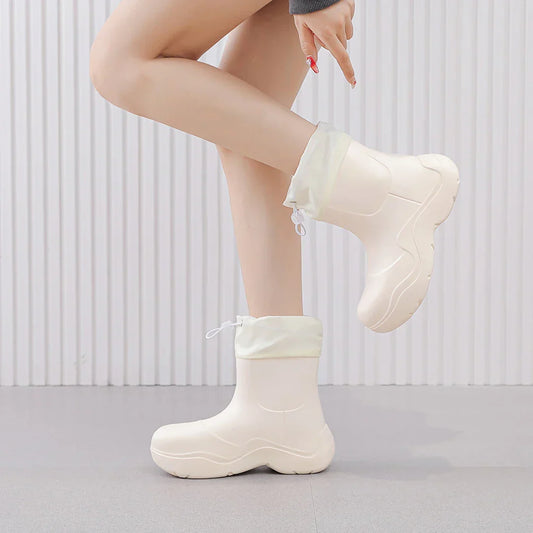 Modische Damen-Knöchel-Gummistiefel für den Herbst – Wasserdicht mit Strickdesign & rutschfester Sohle
